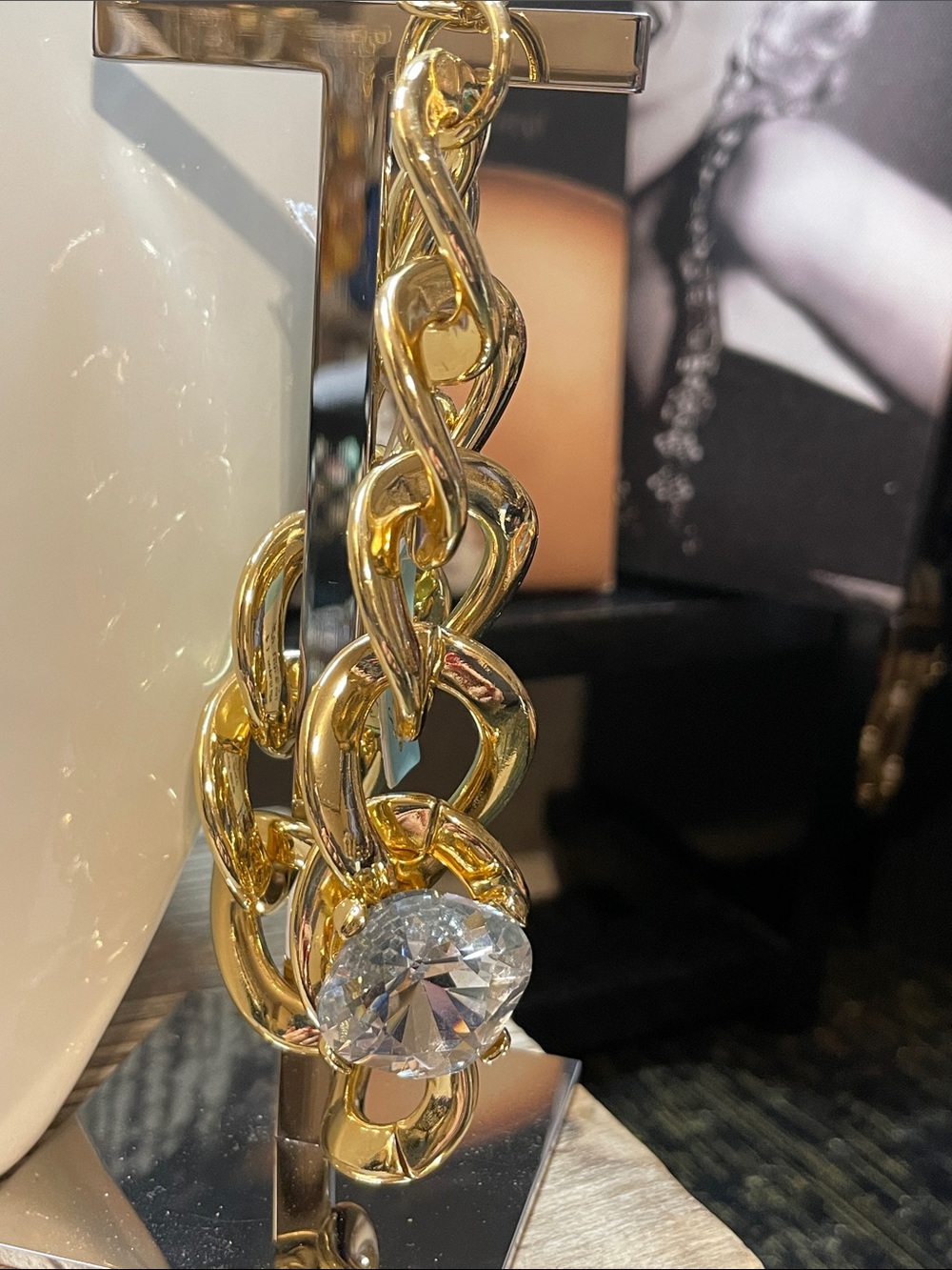 Gold Chain Statement Necklace and Bracelet Set with Crystal Accent - Picture 3 of 9